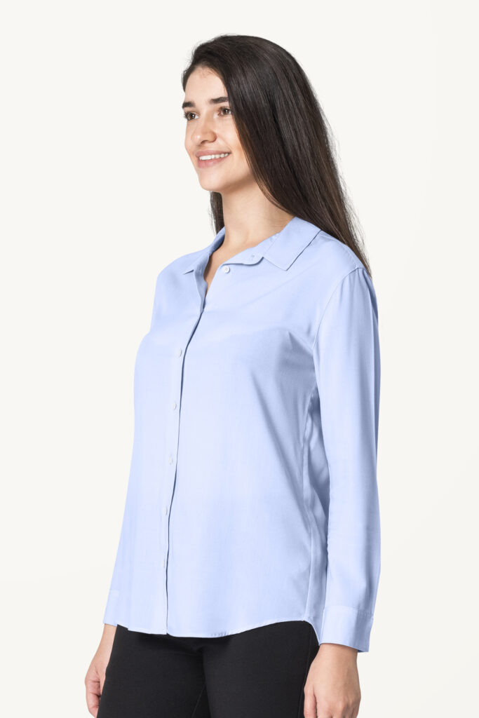 Woman in blue shirt and pants with design space casual wear fashion